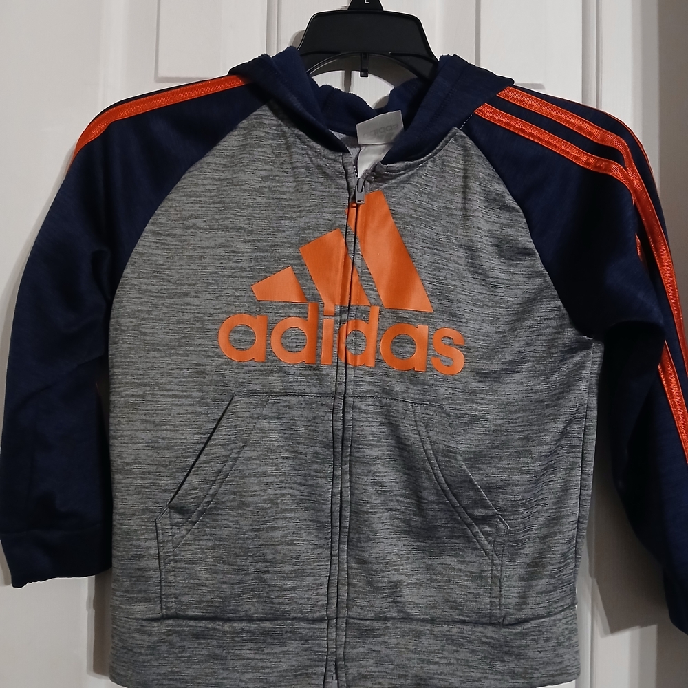 Adidas Kids Gray and Navy Hoodie with Orange Accents